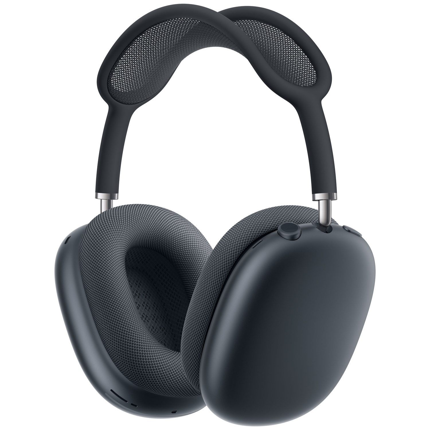 Dark gray over-ear headphones with fabric earcups and a mesh headband.