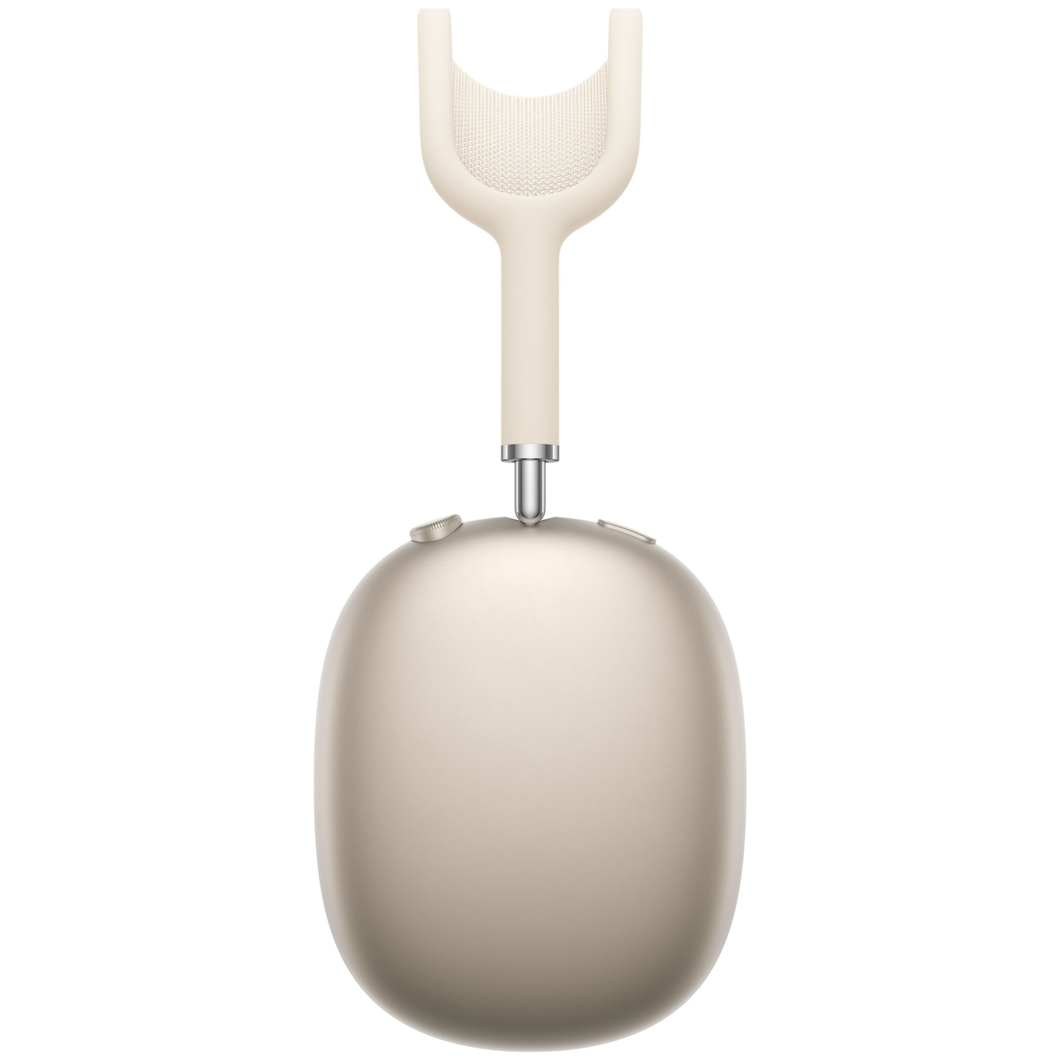 A beige headphone ear cup with silver accents and a fabric headband.