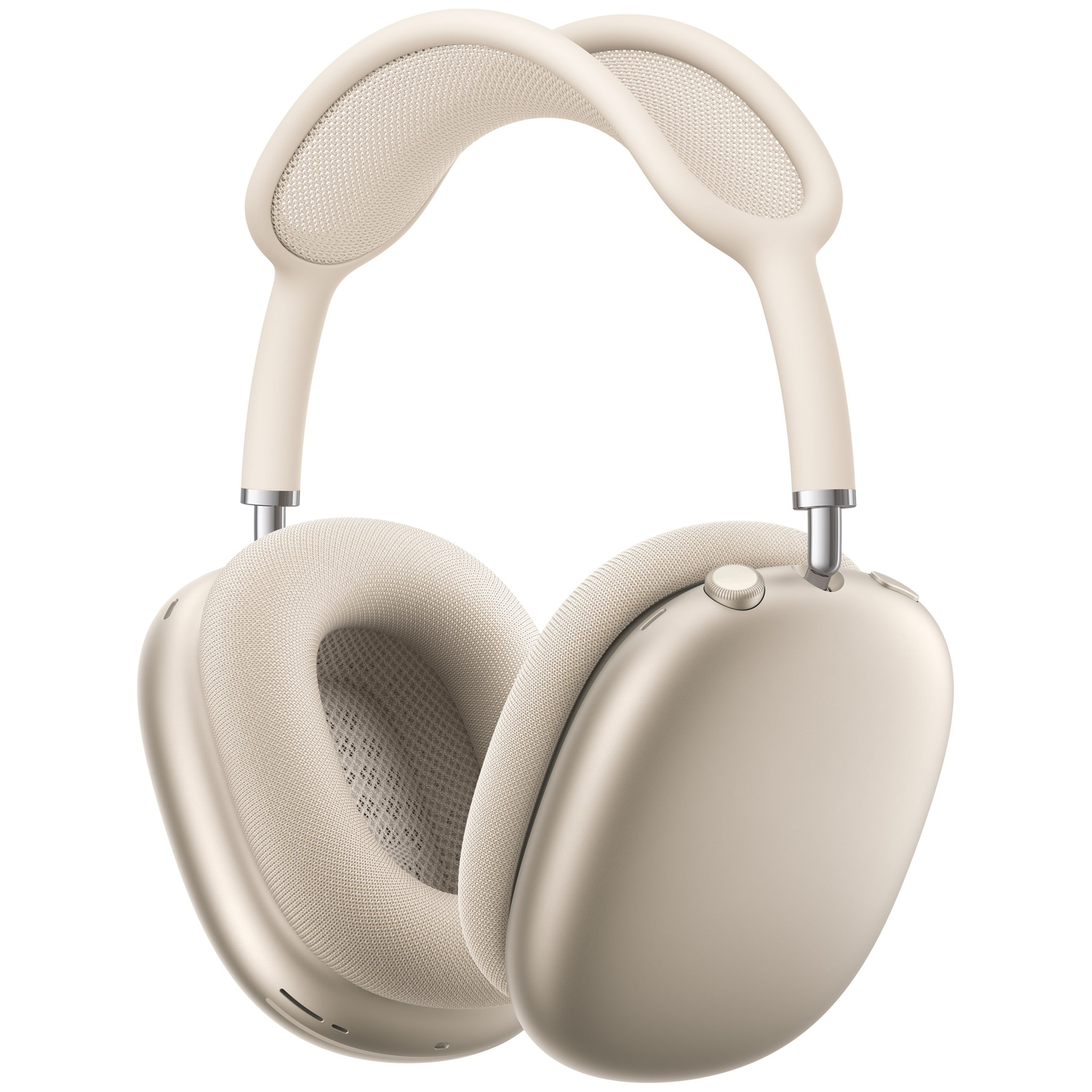 A beige over-ear headphone unit against a white background.