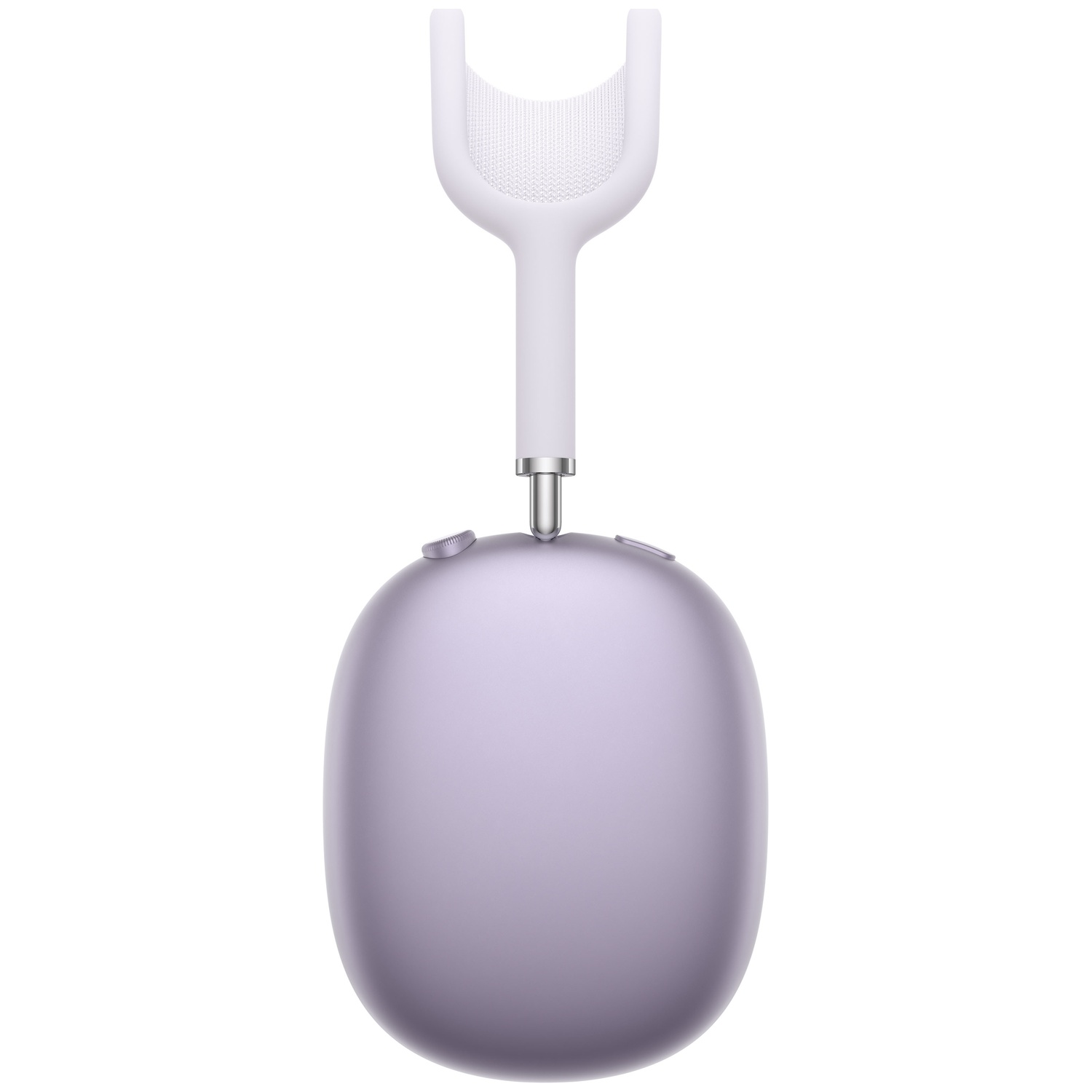 A purple headphone with silver accents and a white headband.