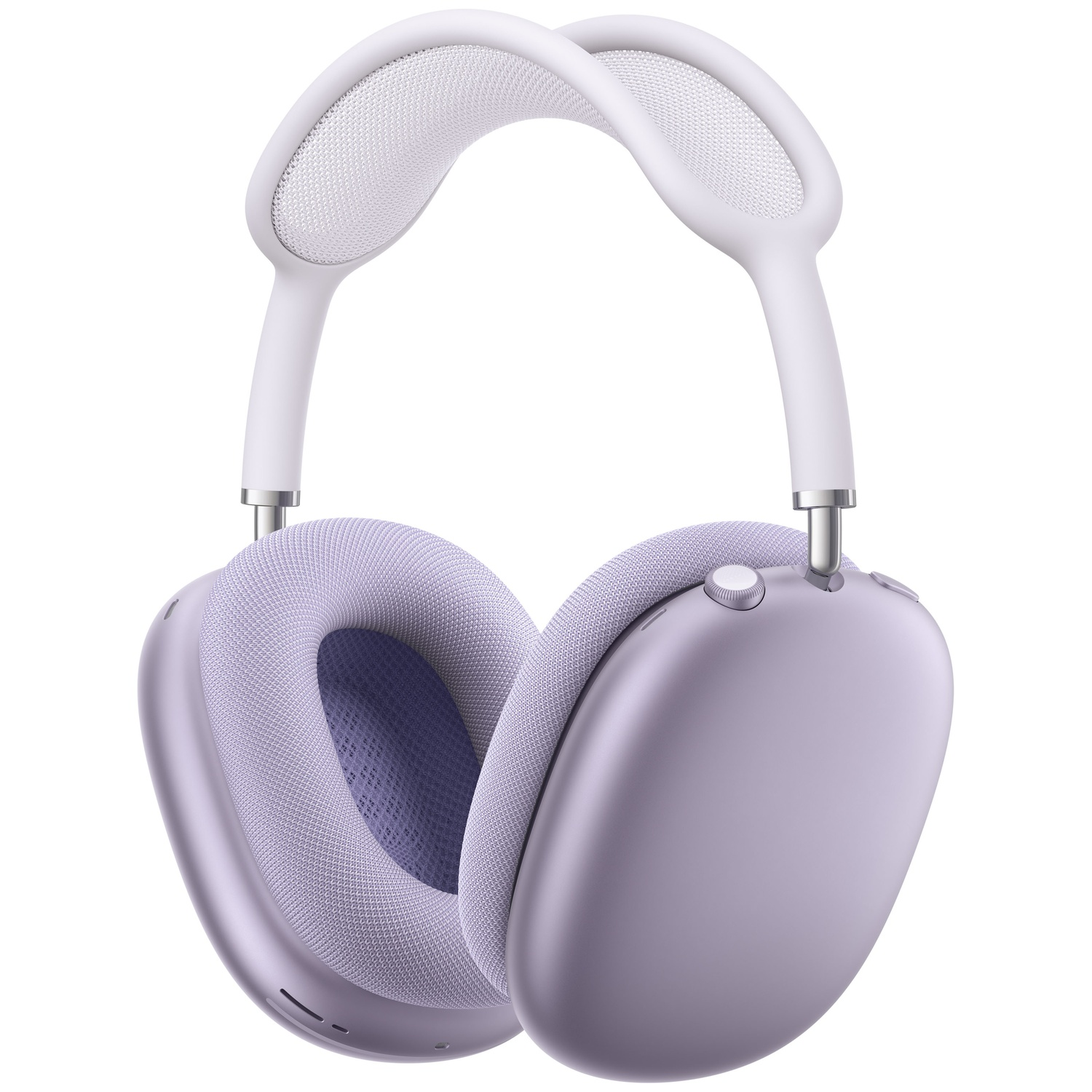Purple headphones with a white headband and earcups on a white background.