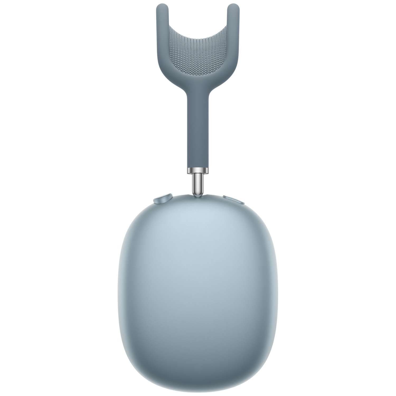 A blue headphone with a padded headband and controls.
