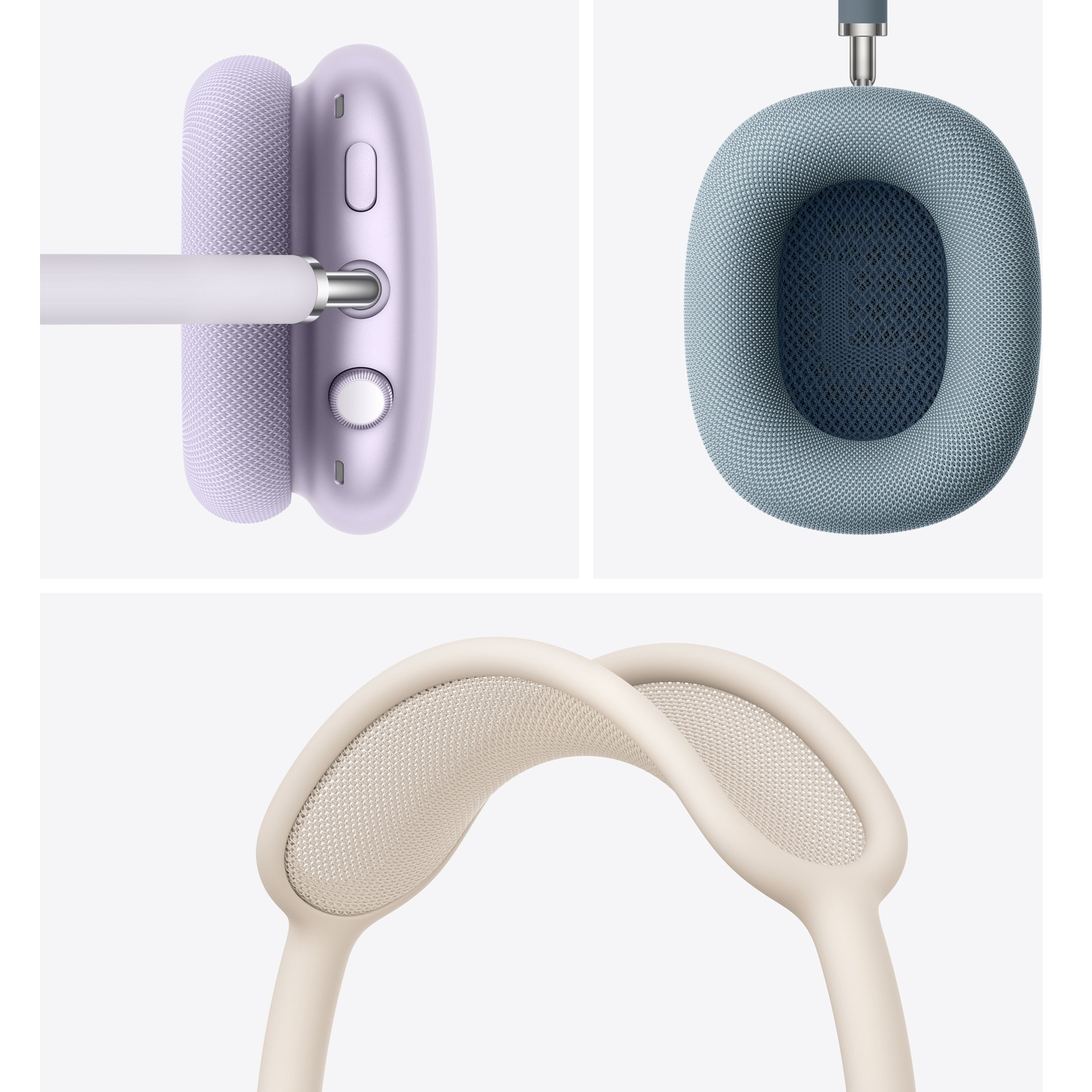 Close-up of purple, blue, and beige headphones showcasing detailed textures.
