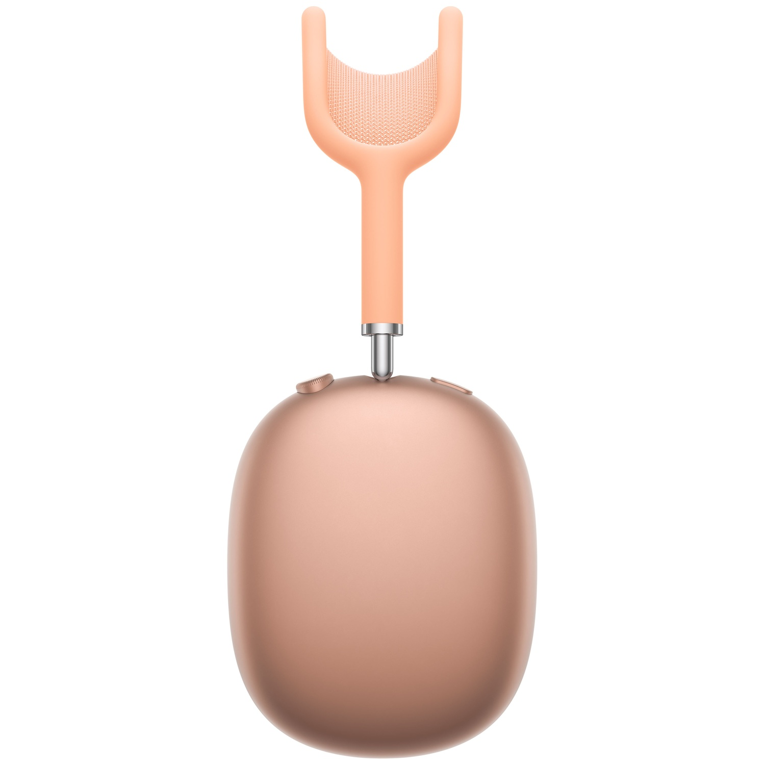A peach-colored headphone with a U-shaped headband and textured surface.