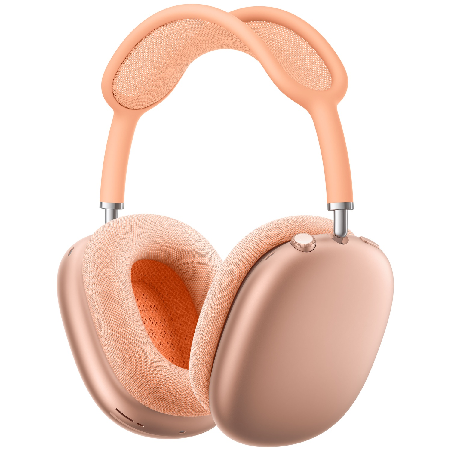 A pair of rose gold over-ear headphones with a fabric headband.