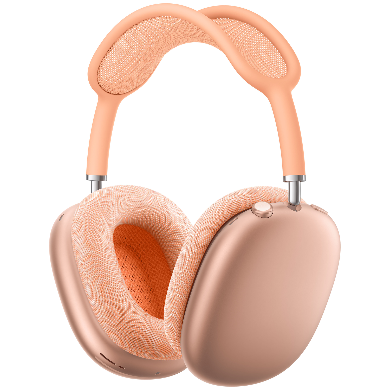 A pair of peach-colored over-ear headphones with silver accents.