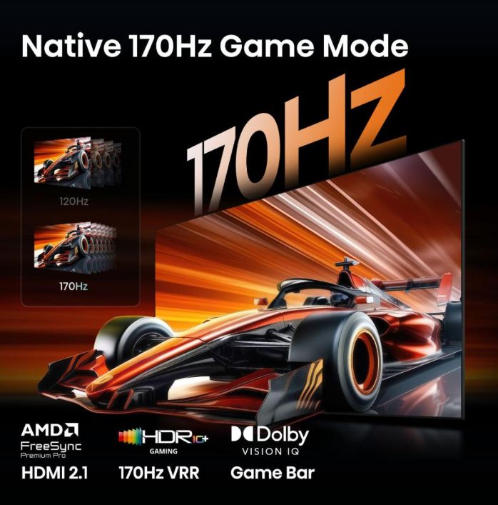 Ein Rennwagen in 170Hz-Grafik, mit Vergleichsbildern von 120Hz und 170Hz.