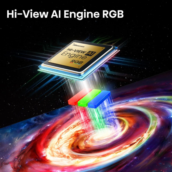 Ein goldener Chip mit RGB-Farben, der auf eine Galaxie strahlt.