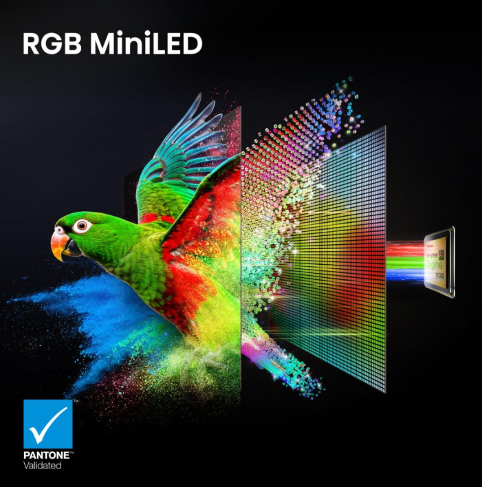 Ein grüner Papagei zerfällt in bunte Partikel vor einem Mini-LED-Display.
