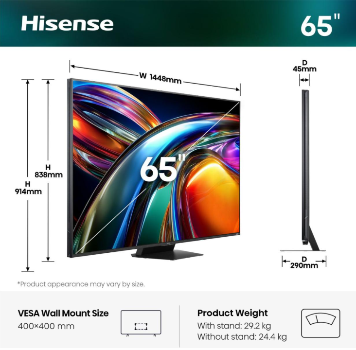 Hisense 65-Zoll-Fernseher mit Abmessungen und Gewichtsangaben. VESA-Halterung 400x400mm.