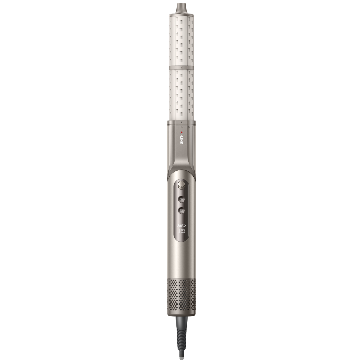 Een zilverkleurige en witte haardroger met een getextureerde cilinder en bedieningsknoppen.