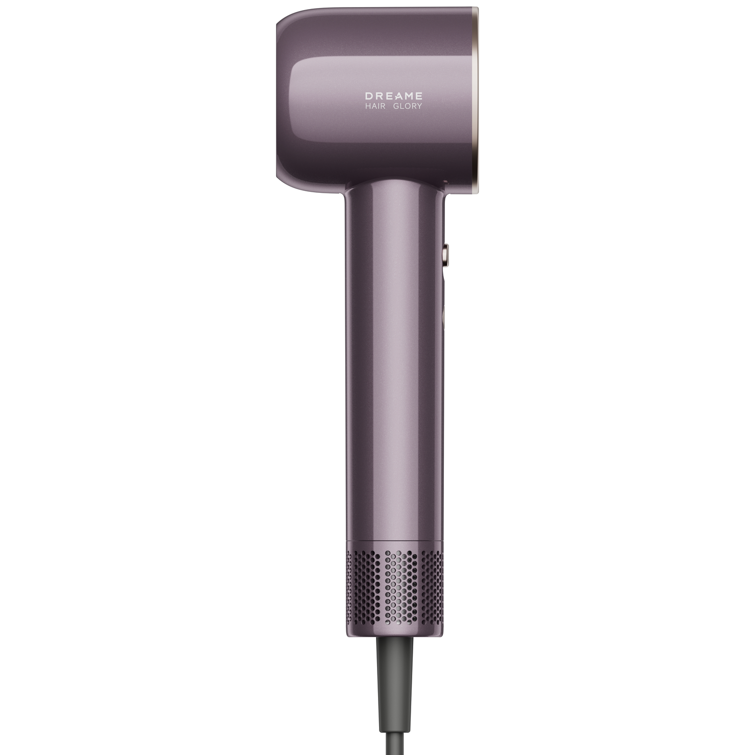 Een paarse haardroger met zilveren accenten en een grillpatroon aan het einde.