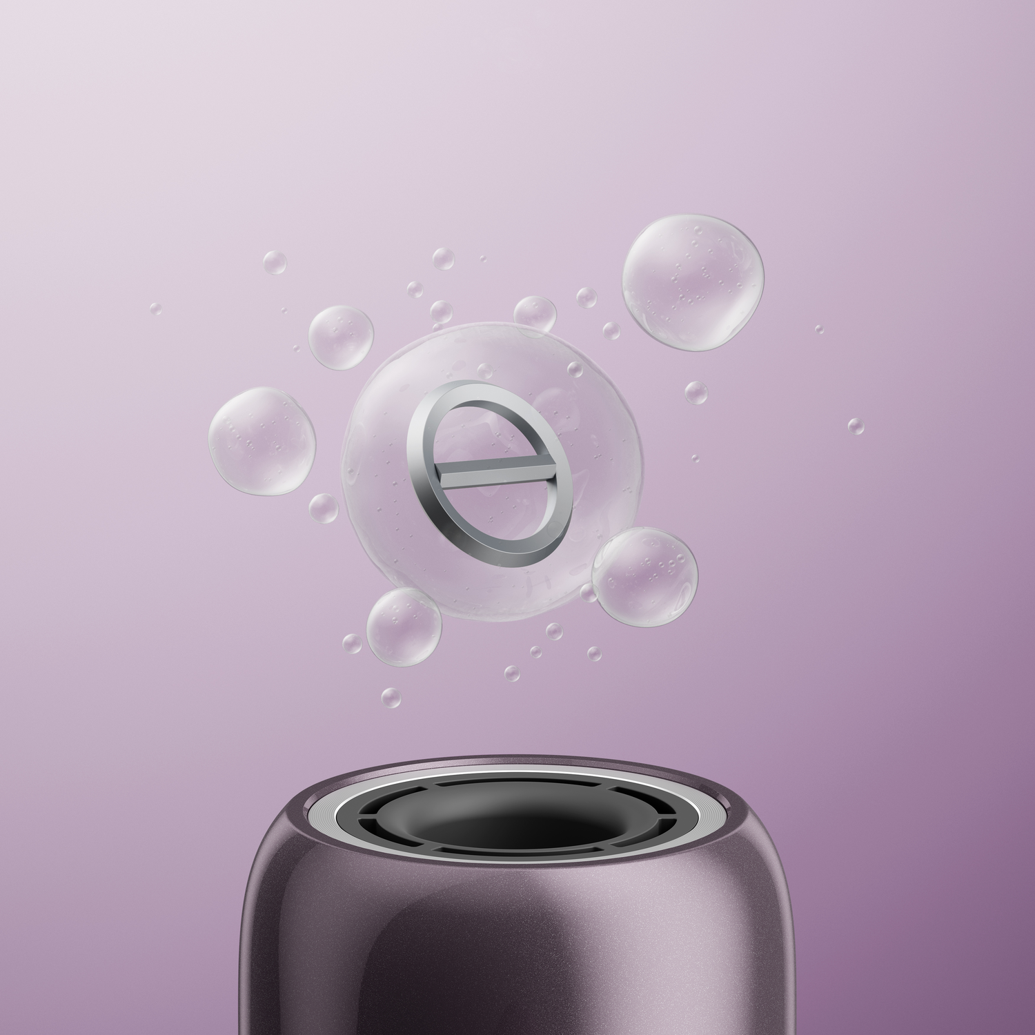 Deel van een paars apparaat met bubbels die een symbool bevatten.