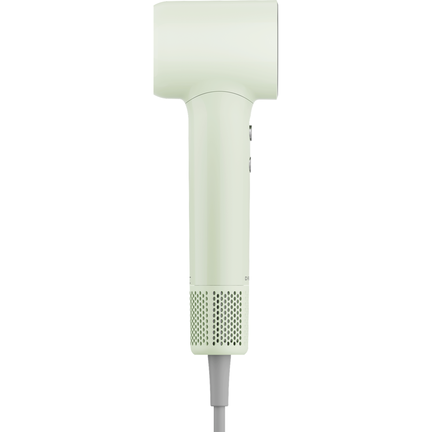 Een lichtgroene haardroger met zilveren knoppen en een grijs snoer.