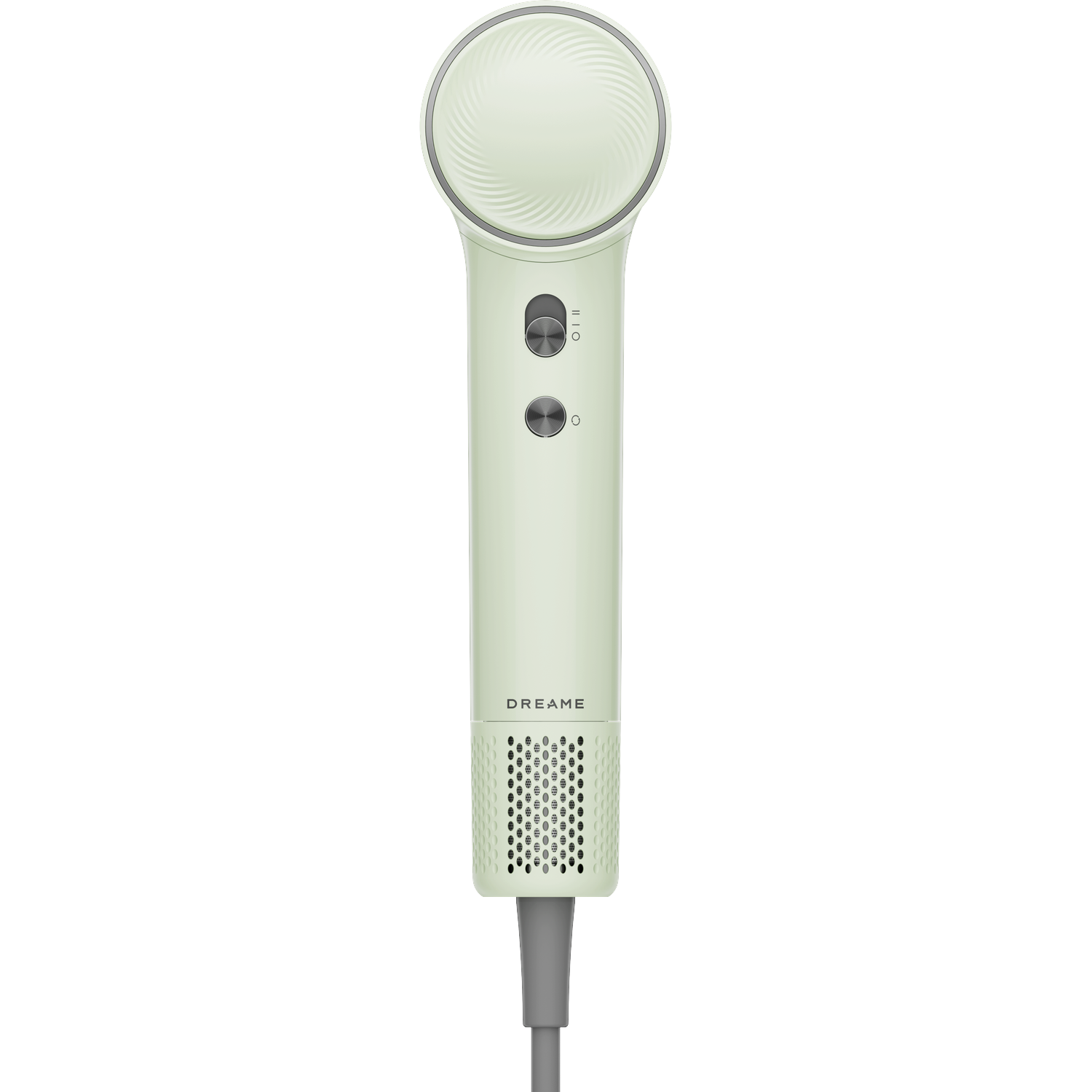 Een lichtgroene föhn met zilveren bedieningselementen en ventilatierooster.