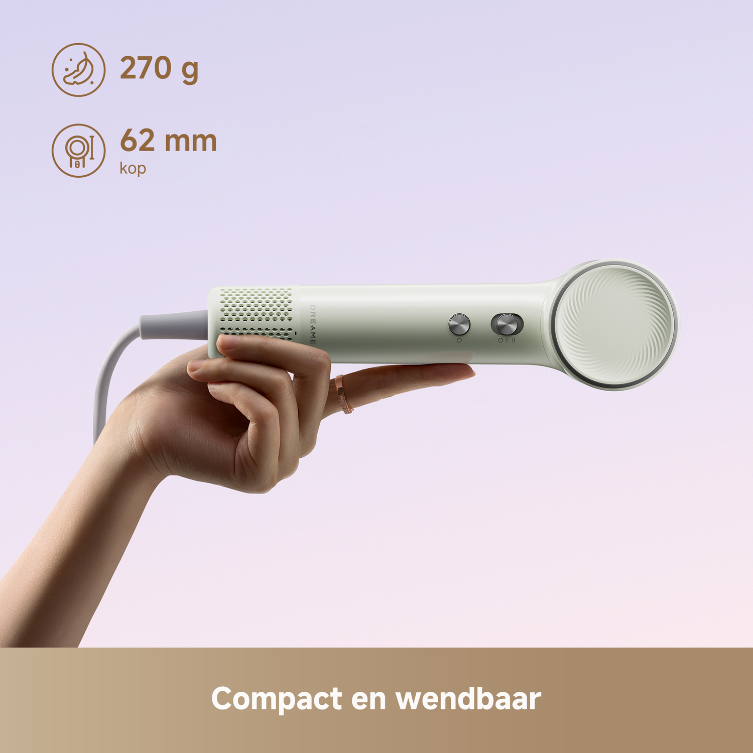 Een hand houdt een lichtgroen apparaat vast met snoer en knoppen. Specificaties worden getoond.