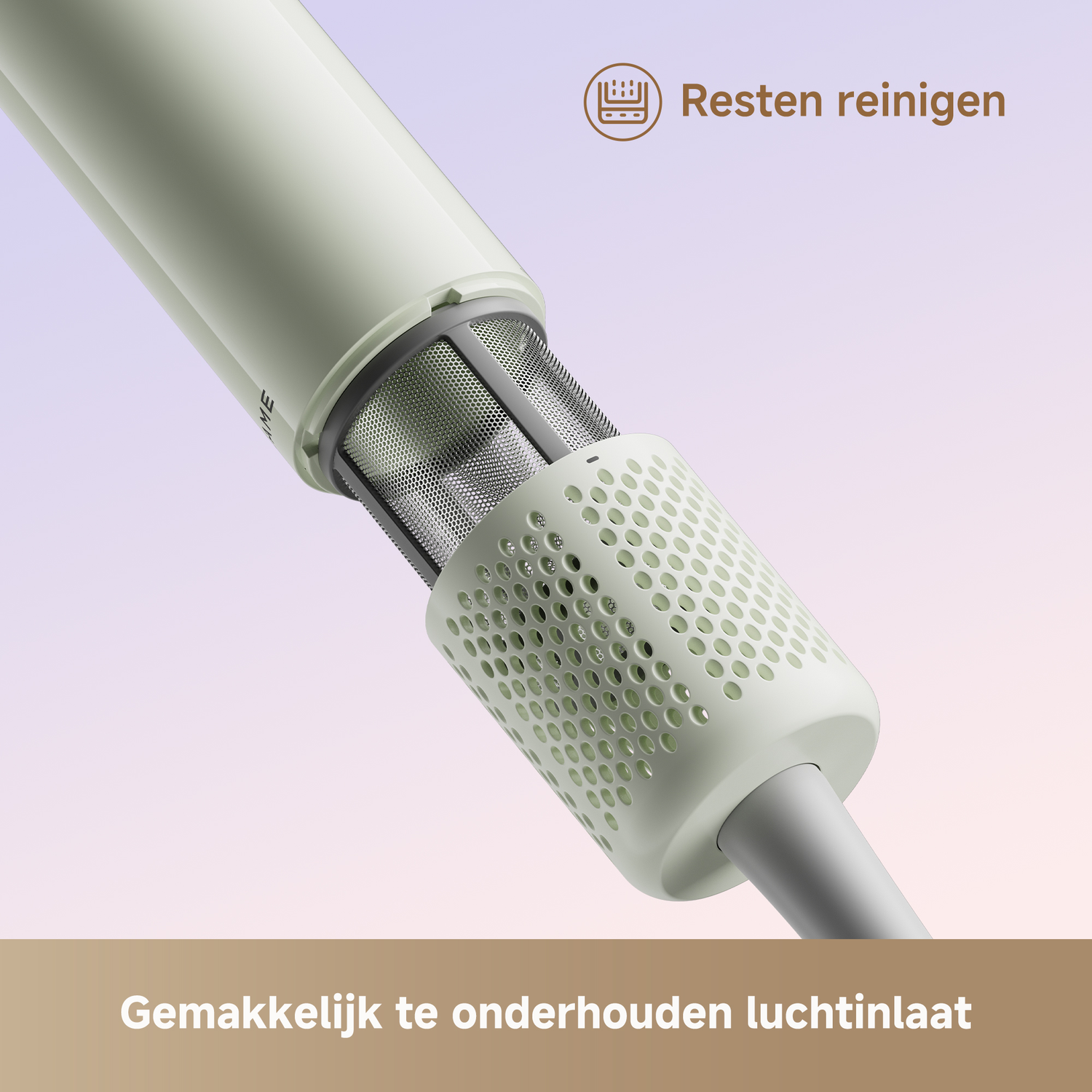Lichtgroen apparaat met geperforeerde luchtinlaat en metalen gaasfilter.