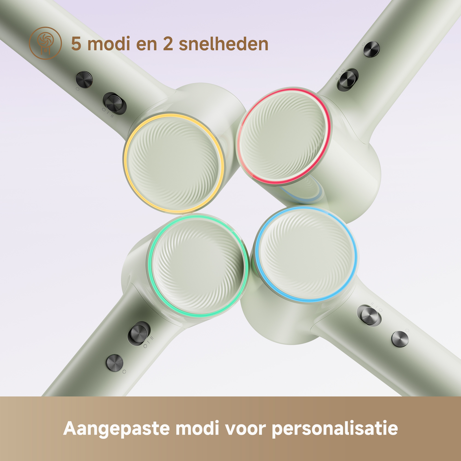 Vier föhns met gekleurde ringen: geel, rood, groen, blauw.