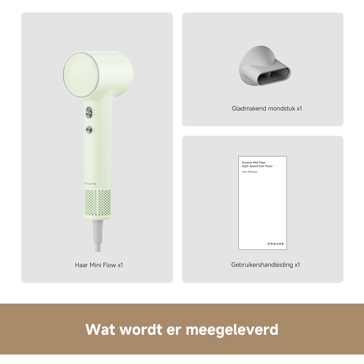 Een mintgroene föhn, een mondstuk en een handleiding.