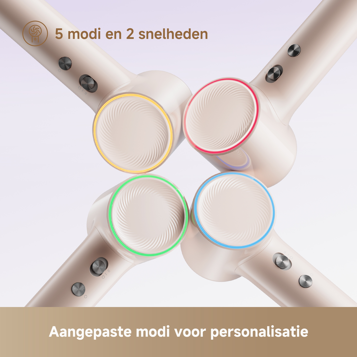 Vier haardrogers met gekleurde ringen en bedieningselementen. Tekst: 5 modi en 2 snelheden.