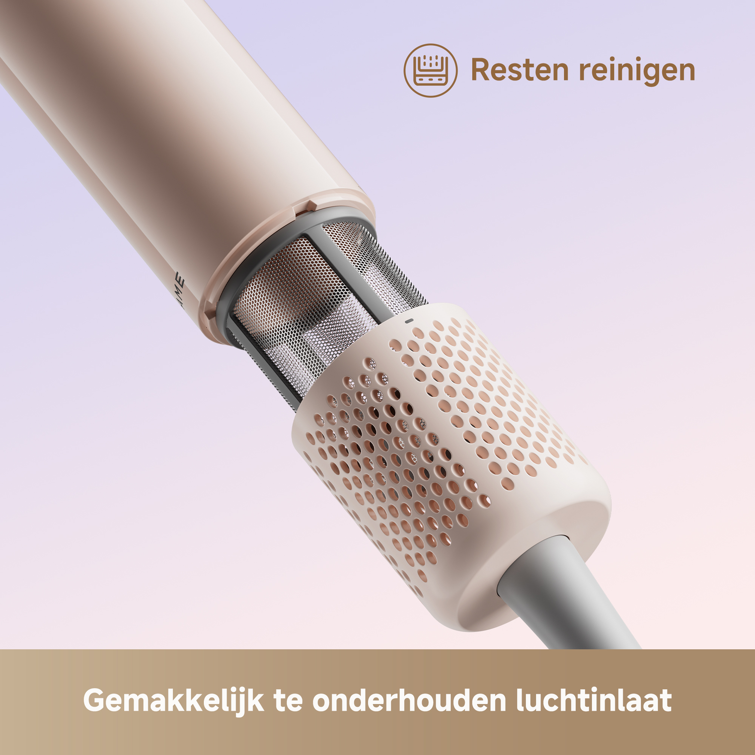 Een beige haardrogeropzetstuk met gaas en perforaties. "Residu's reinigen".