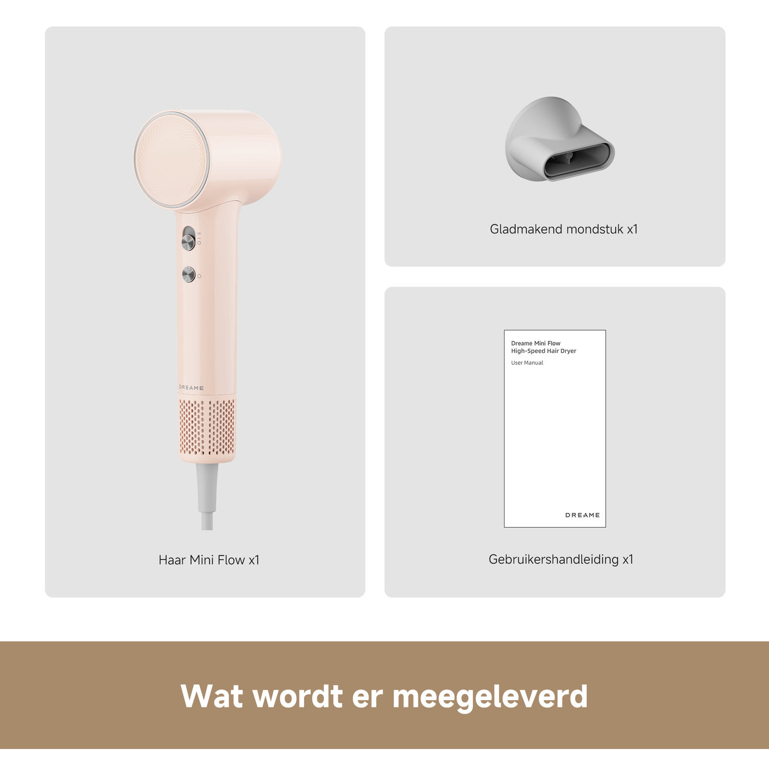 Een roze haardroger, mondstuk en handleiding worden getoond.