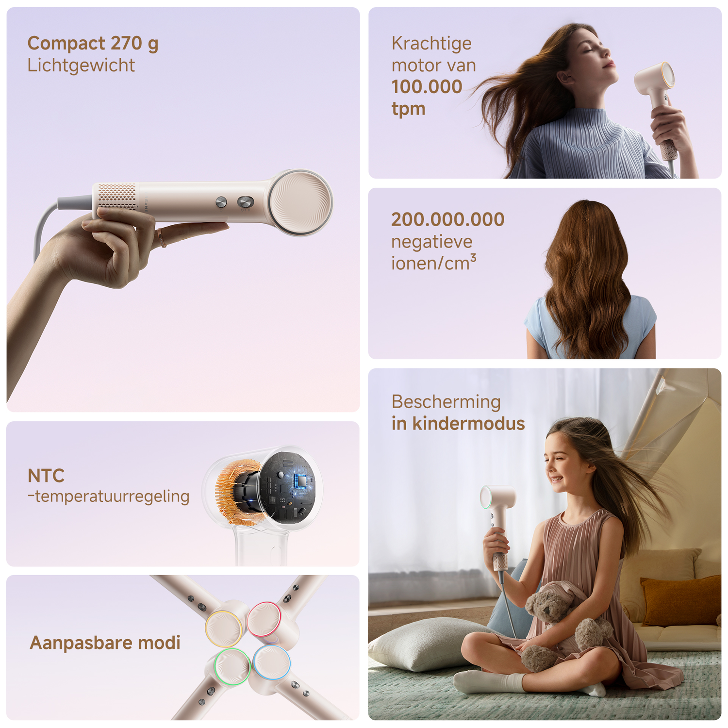 Een roze haardroger wordt getoond. Diverse functies worden benadrukt.