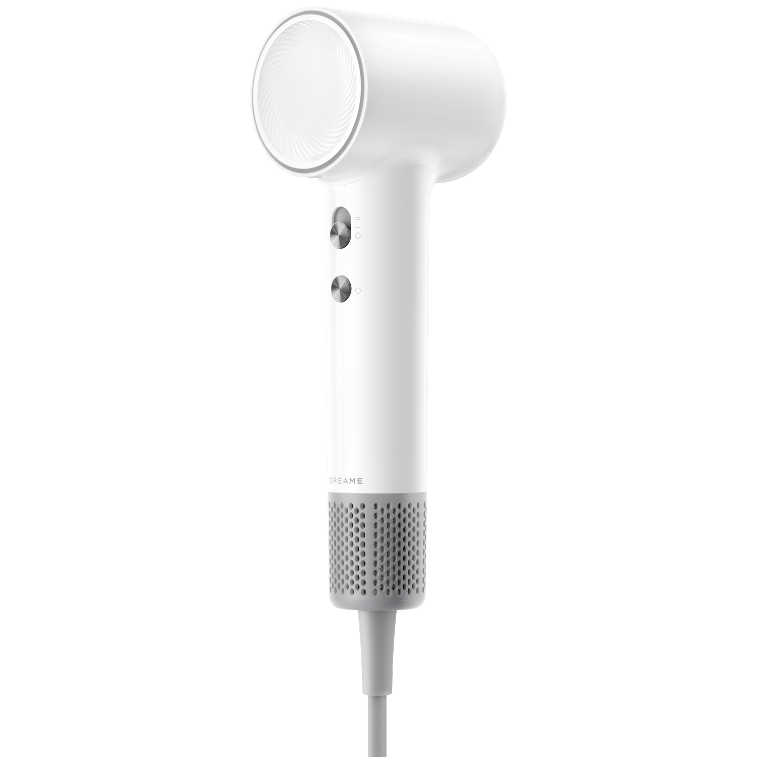 Een witte haardroger met zilveren bedieningselementen en een ventilatierooster onderaan.