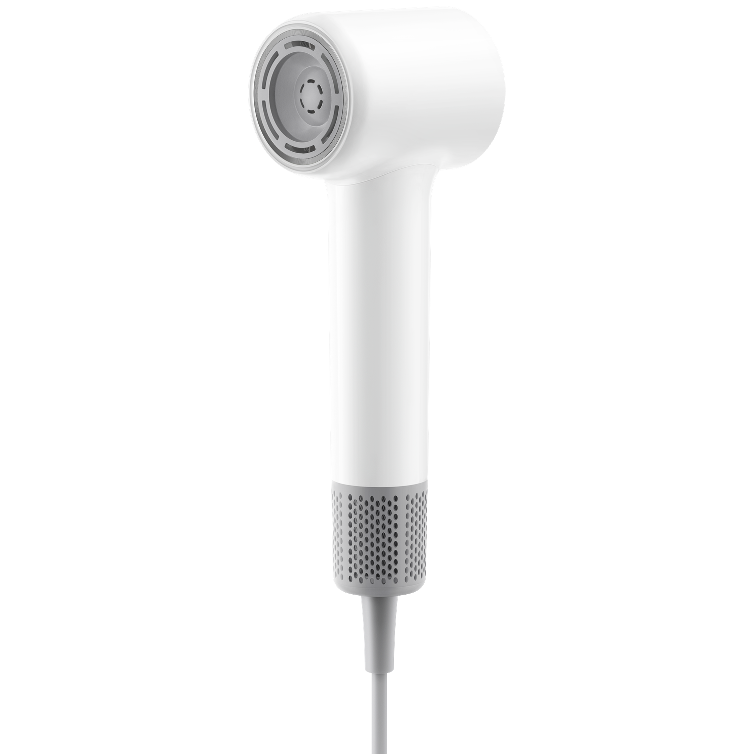 Een witte haardroger met een grijze handgreep en ventilatieroosters.