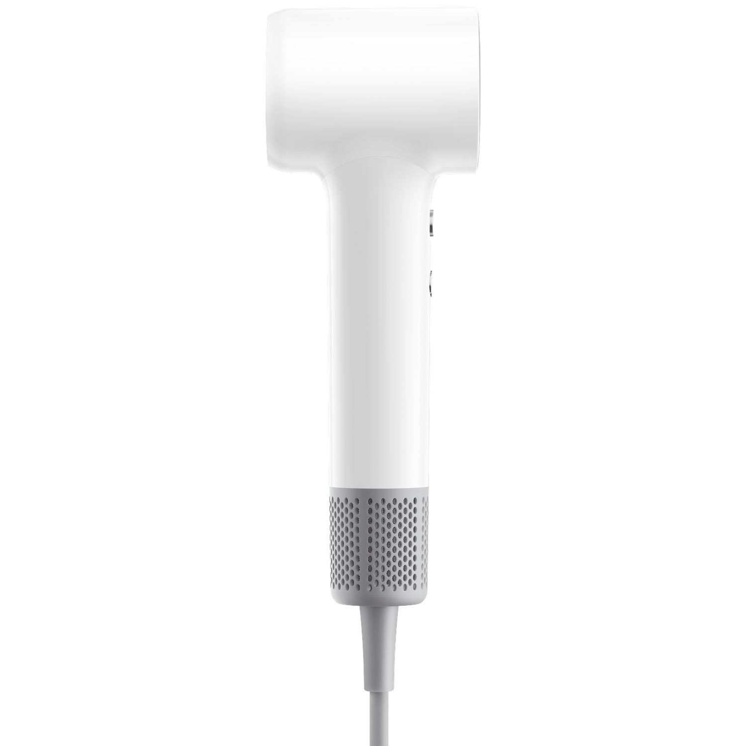 Een witte haardroger met een grijze geperforeerde handgreep en een grijs snoer.