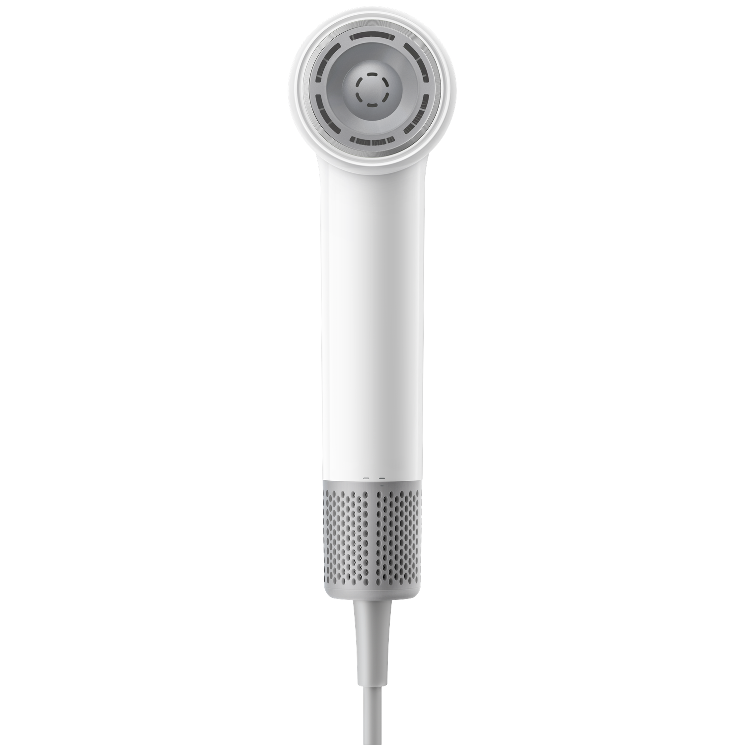 Een witte douchekop met zilveren accenten en een grijze kabel.