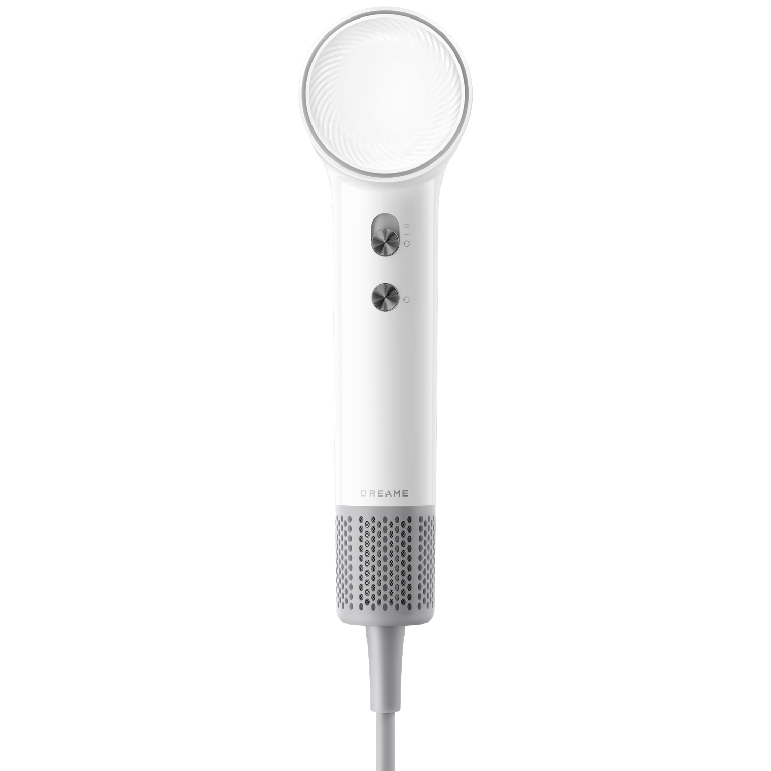 Een witte haardroger met zilveren knoppen en ventilatieopeningen.
