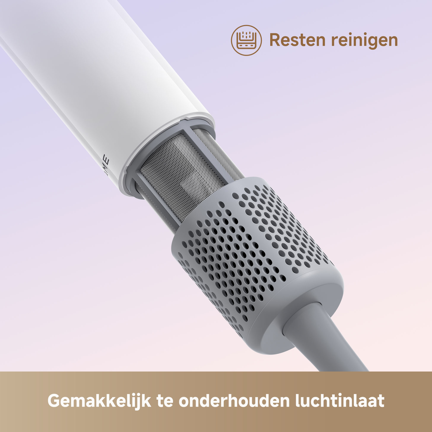 Close-up van een wit apparaat met gaas en tekst.