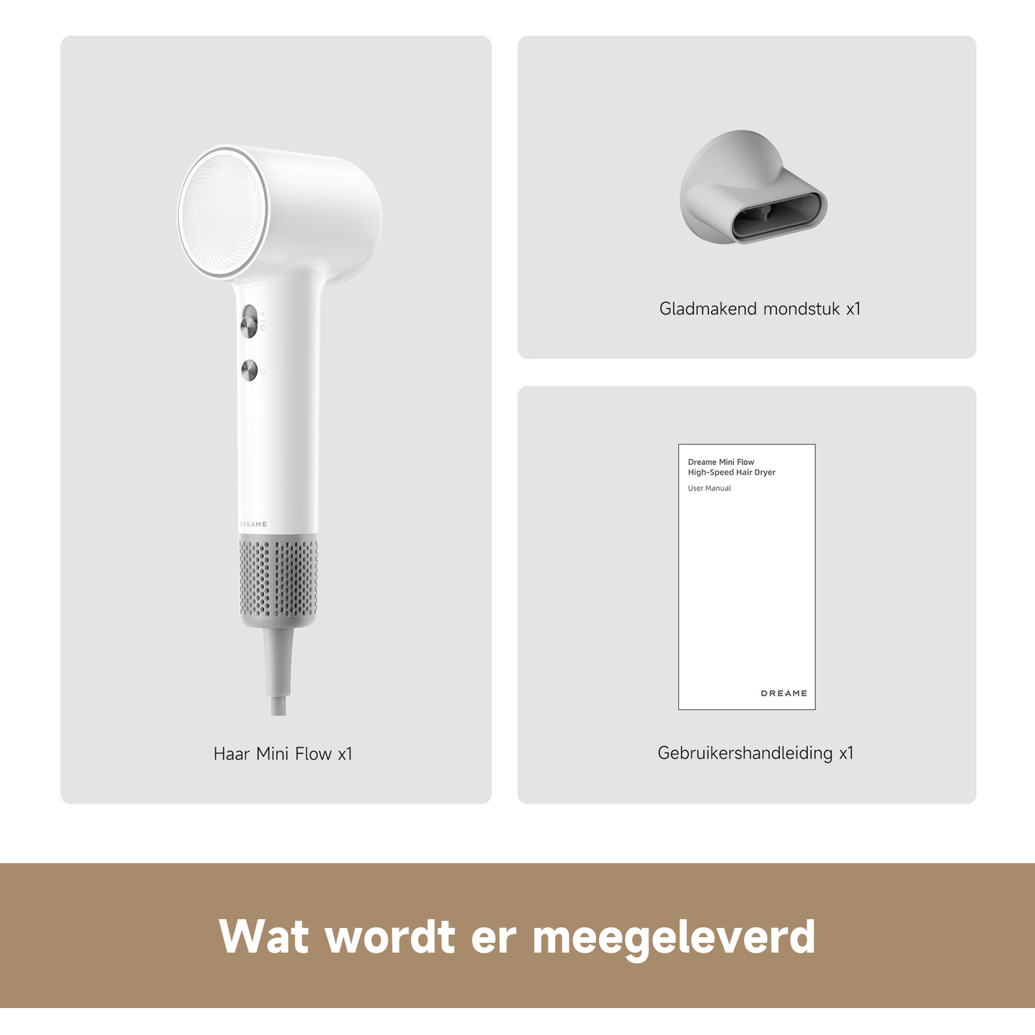 Een witte haardroger, een mondstuk en een gebruikershandleiding.