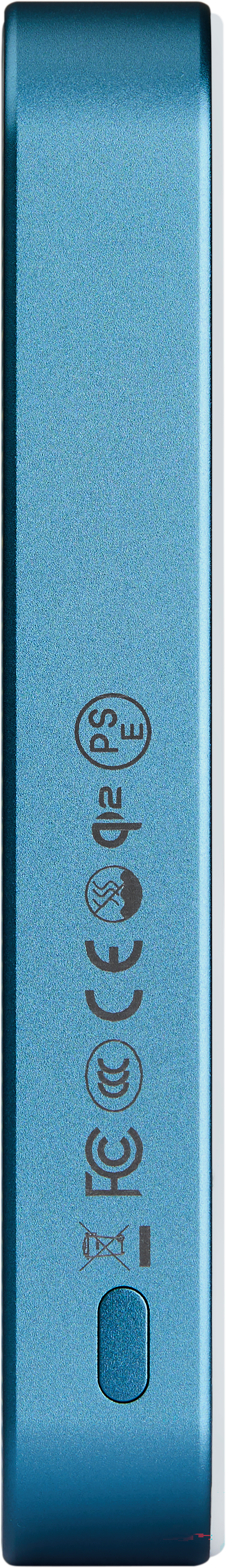 Kék készülék fekete tanúsítványjelzésekkel, mint PSE, CE és FCC.