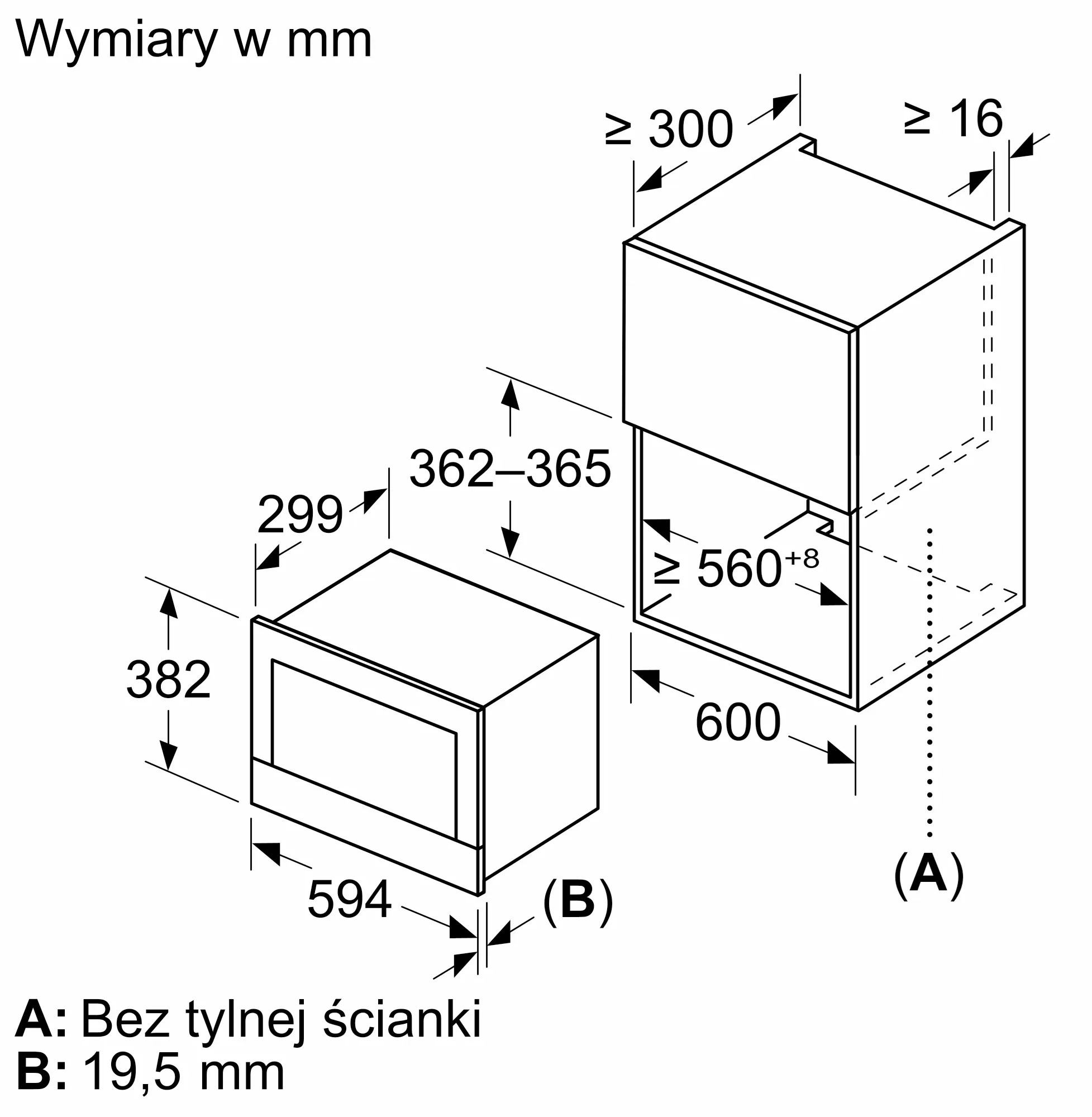 Rysunek techniczny z wymiarami urządzenia do zabudowy. Po lewej: urządzenie, po prawej: rama montażowa.