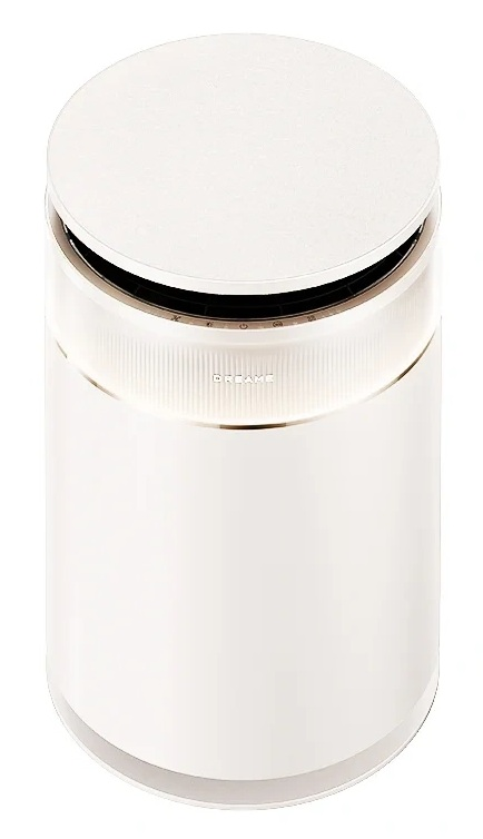 Biały, cylindryczny oczyszczacz powietrza z srebrnym pierścieniem i przyciskami.