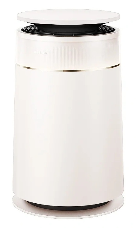 Biały oczyszczacz powietrza z okrągłą pokrywą i szczelinami wentylacyjnymi.