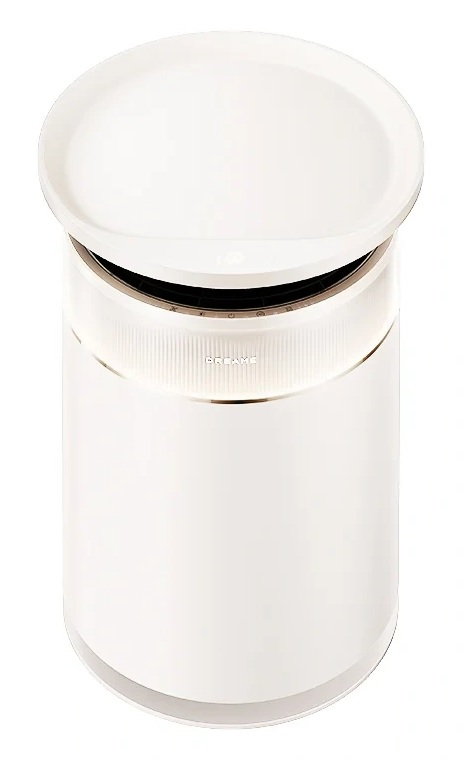 Biały, cylindryczny oczyszczacz powietrza z okrągłą pokrywą i żebrowaną środkową częścią.