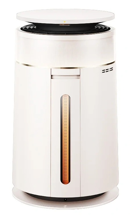 Biały oczyszczacz powietrza z wąskim, miedzianym okienkiem podglądowym.