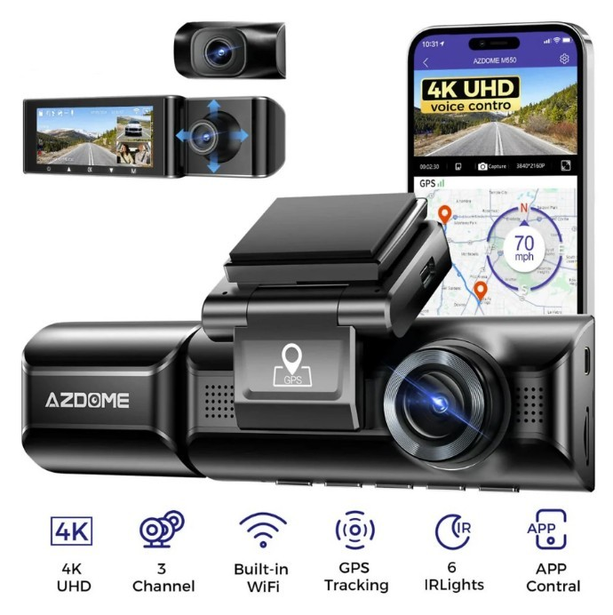 AZDOME araç kamerası: 4K UHD, 3 kanal, WiFi, GPS, IR ışıklar ve uygulama kontrolü.