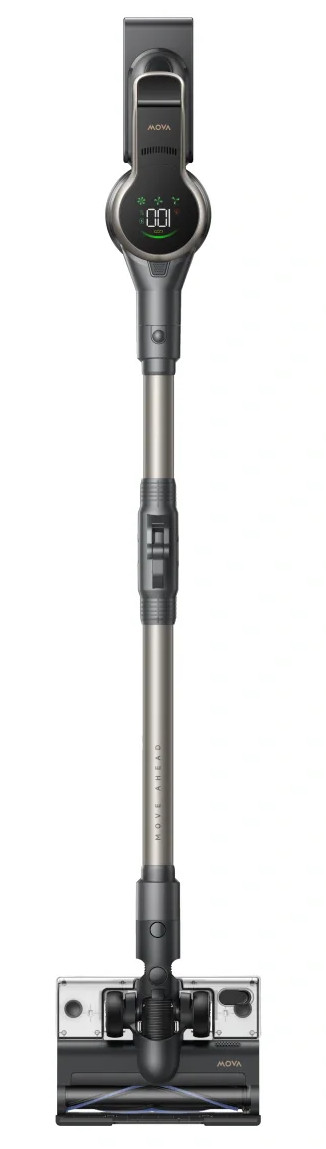 Szary odkurzacz bezprzewodowy z cyfrowym wyświetlaczem i szczotką.