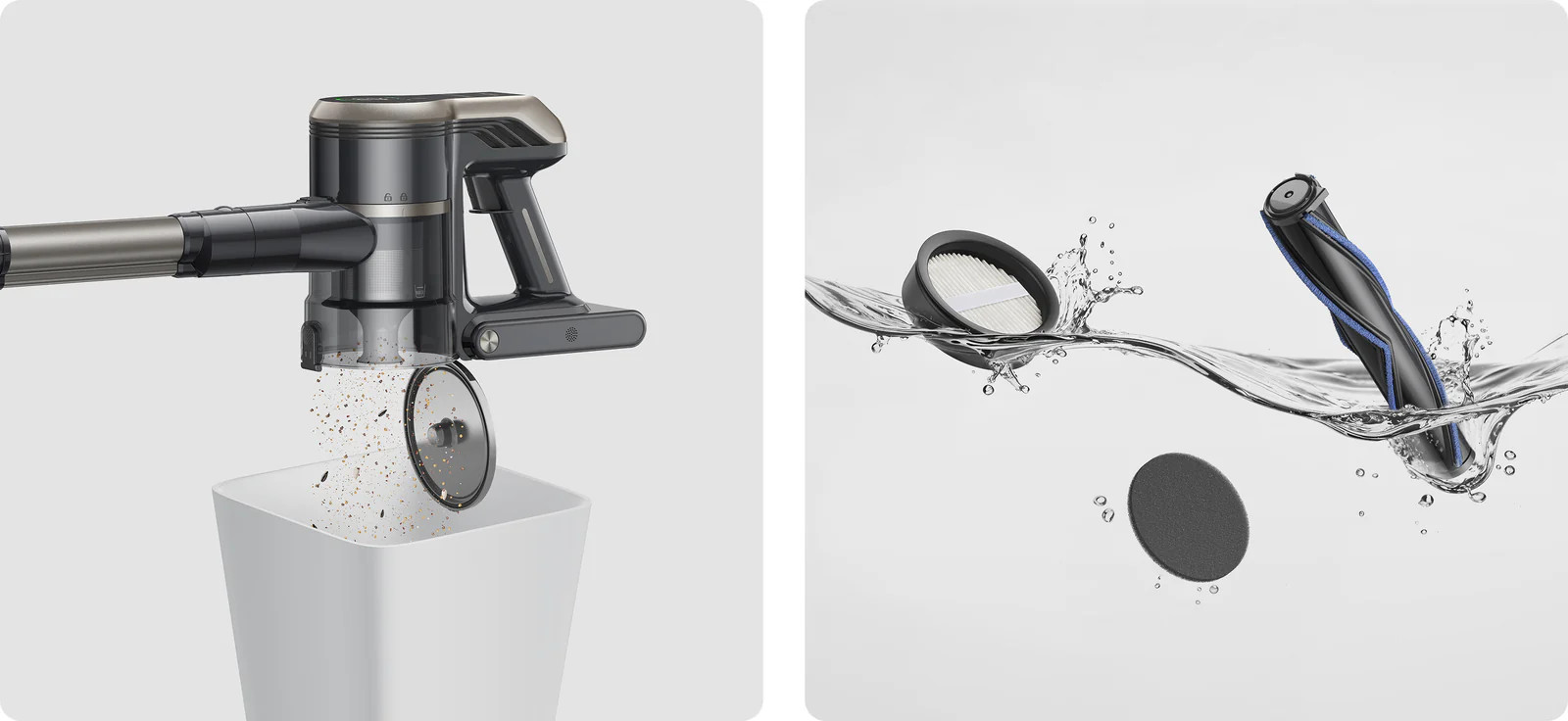 Filtr odkurzacza opróżniany do pojemnika. Szczotka i okrągły filtr myte w wodzie.