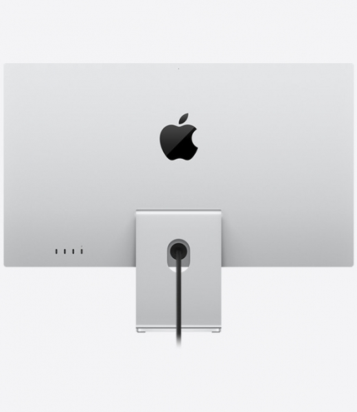 Gümüş iMac'in arkası, Apple logosu ve kablosu.
