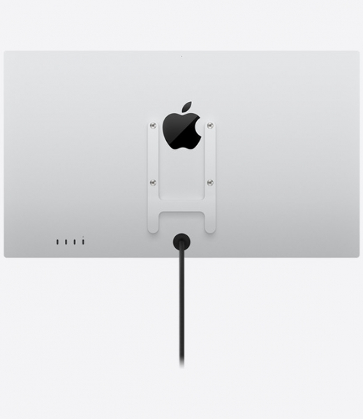 Siyah kablolu ve logolu beyaz Apple iMac'in arkası.