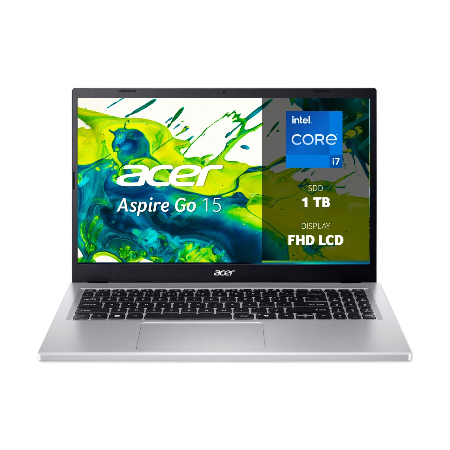 Laptop argentato Acer Aspire Go 15 con Intel Core i7 e display FHD LCD.