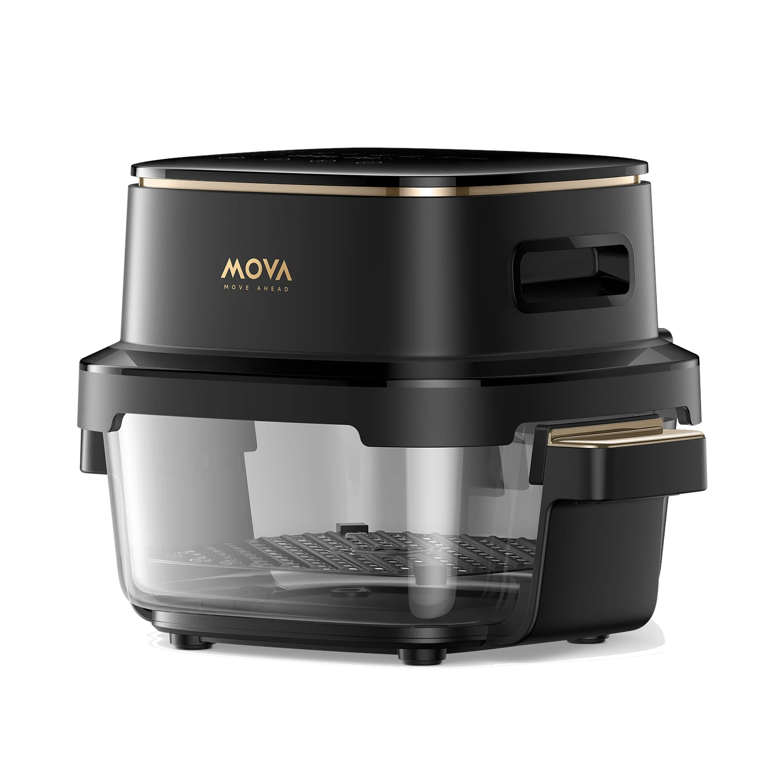 Czarny sprzęt kuchenny MOVA z przezroczystą misą i złotymi akcentami. Posiada uchwyty.