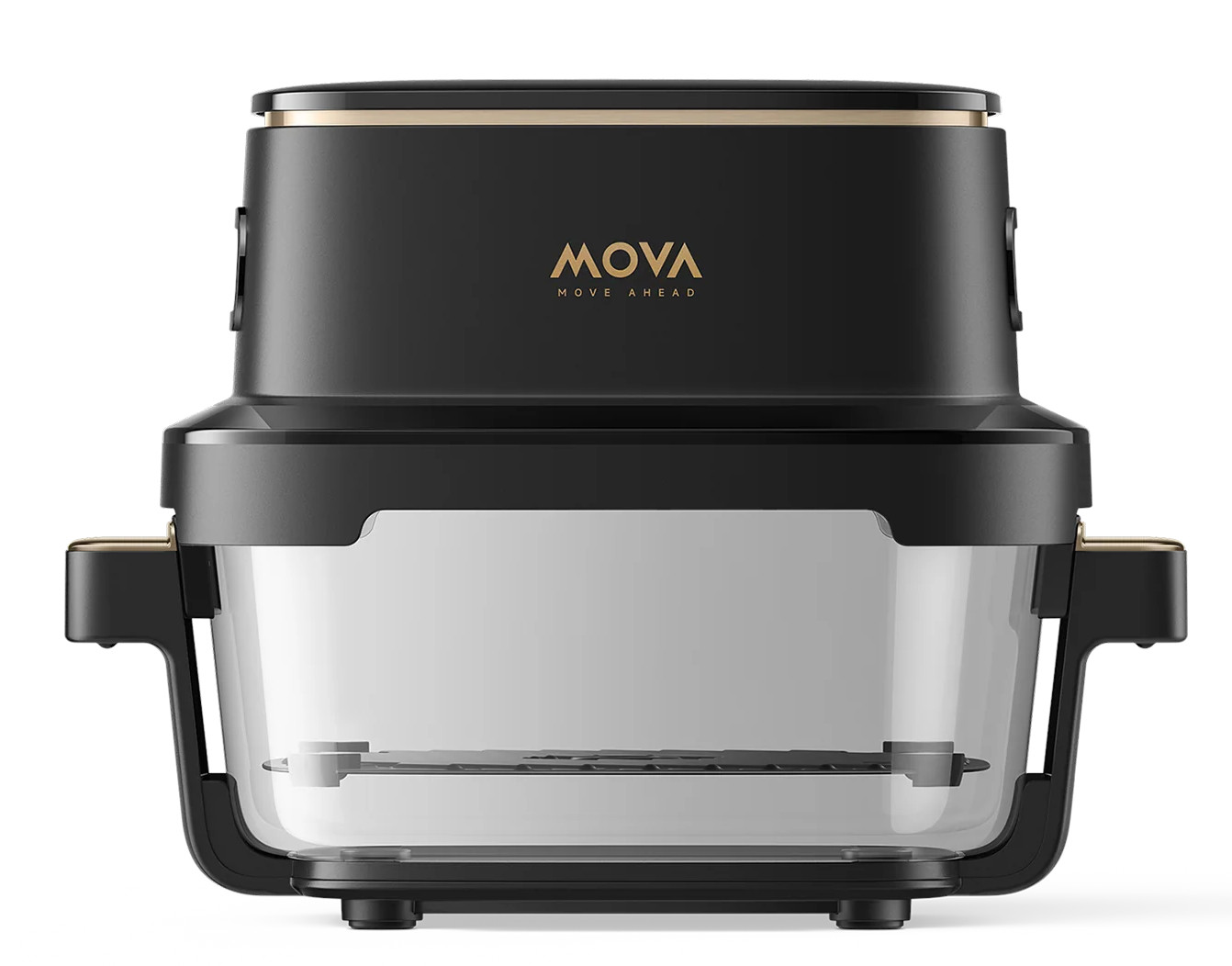 Czarny robot kuchenny z przezroczystą misą i złotymi akcentami.