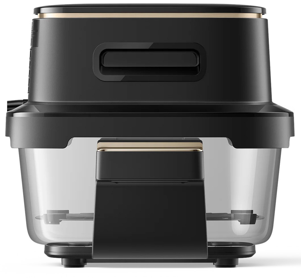Czarny robot kuchenny z przezroczystą misą i złotymi akcentami.