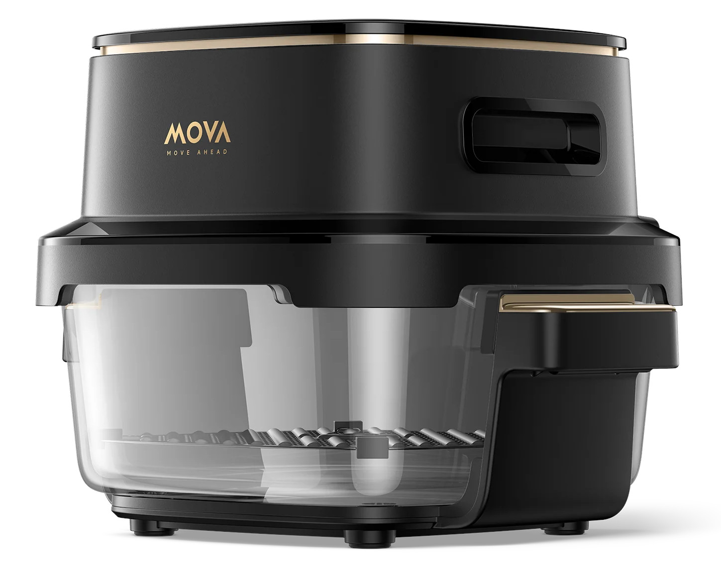 Czarny sprzęt kuchenny z przezroczystą misą i złotymi akcentami. Logo MOVA na górze.